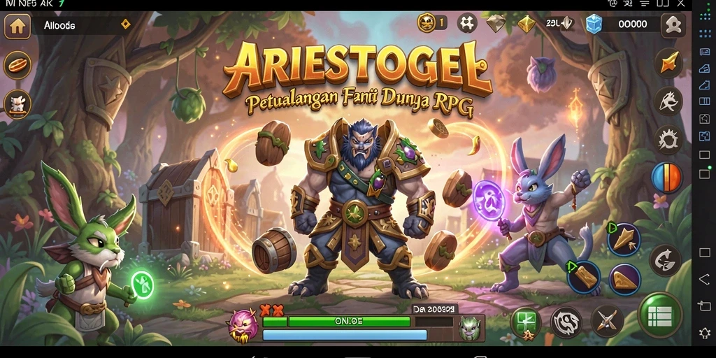 Tampilan gameplay ARIESTOGEL dengan pertempuran epik dan eksplorasi dunia terbuka.