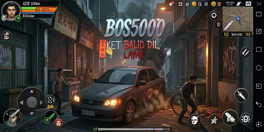 Screenshot gameplay BOS5000 menampilkan suasana mencekam dan penuh kegelapan.