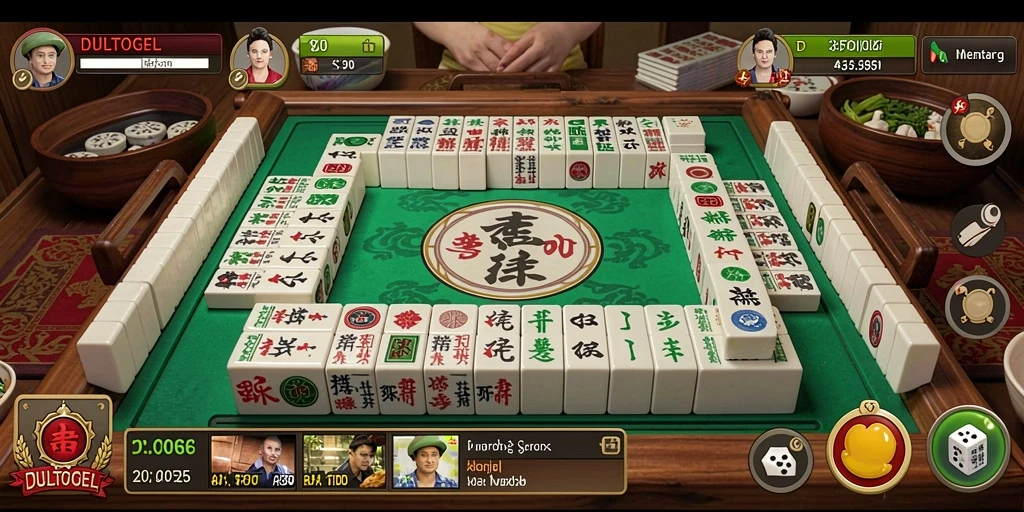 Screenshot gameplay DULTOGEL menampilkan suasana permainan Mahjong yang seru.