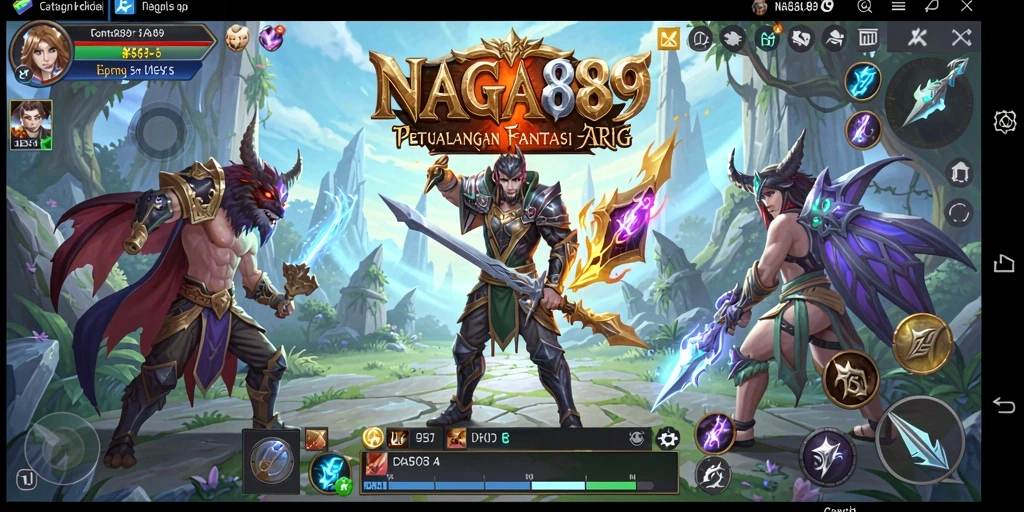 Screenshot NAGA889 menampilkan karakter dalam pertarungan spektakuler di dunia fantasi.