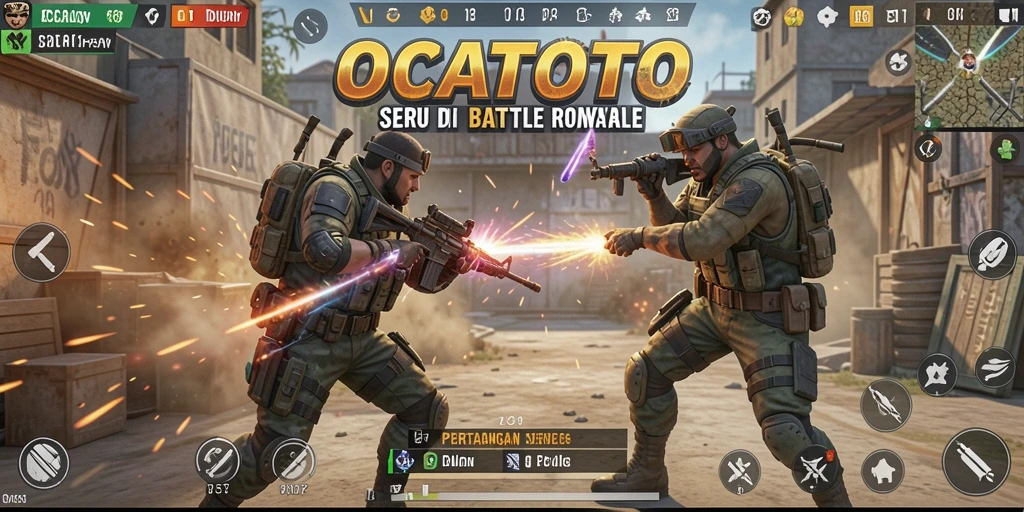 Tangkapan layar utama OCATOTO menampilkan aksi seru dalam pertempuran Battle Royale.