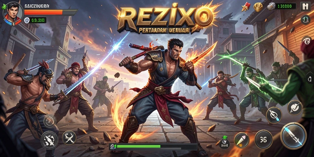 Tampilan gameplay <strong>REZIXO</strong> yang intens dan penuh aksi.